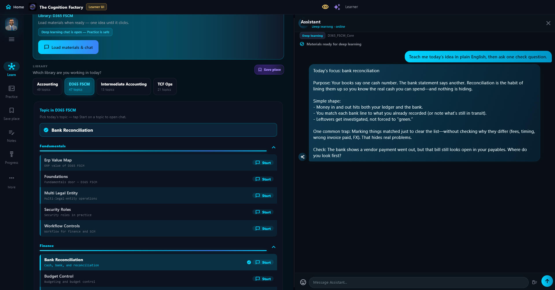 Windows household app: Learn — build the map with library topics and side chat