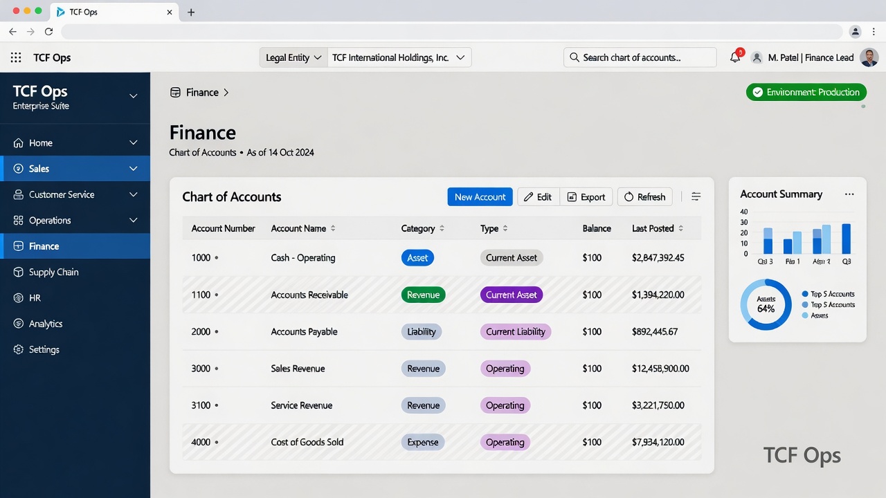 TCF Ops practice floor: light enterprise Finance workspace with navy sitemap
