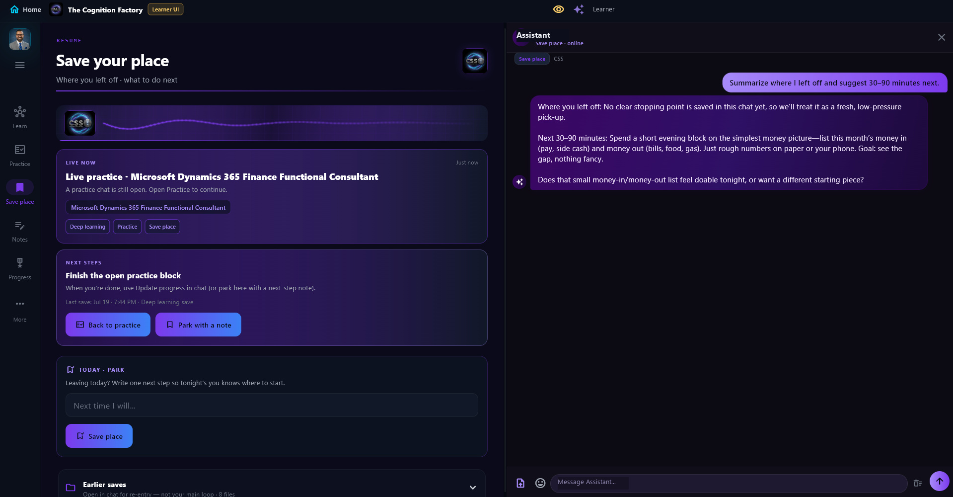 Save place: resume board with live practice, next steps, and side chat for a clean handoff